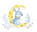 Hand drawn watercolo Rabbit illustration for kids. Bohemian illustrations with animals, stars, magic and runes. Royalty Free Stock Photo