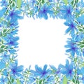 Hand drawn watercolor abstract blue daisy and hyacinth flowers frame border isolated on white background. Can be used for cards,