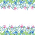 Hand drawn watercolor abstract periwinkle and daisy flowers frame border isolated on white background. Can be used for cards, Royalty Free Stock Photo