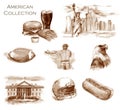 Hand-drawn watercolor American Collection. Set of USA illustrations