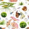 Hand drawn watercolor aquarium fish, algae, sealife. Marine exotic underwater illustration. Seamless pattern isolated on