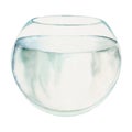 Hand drawn watercolor aquarium glass fishtank round bowl filled with water. Marine hobby illustration. Isolated object