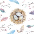 Hand drawn watercolor art bird nest with eggs ,easter design.