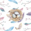 Hand drawn watercolor art bird nest with eggs , easter design. Royalty Free Stock Photo