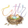 Hand drawn watercolor art bird nest with word-Easter. Isolated illustration on white background. Royalty Free Stock Photo