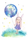 Cute young preschool girl in purple denim skirt holds blue balloon.