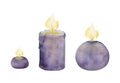 Hand drawn watercolor assorted candles lit with flames. Votives, balls, tea lights, pillars. Isolated object on white