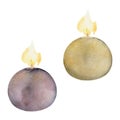 Hand drawn watercolor assorted candles lit with flames. Votives, balls, tea lights, pillars. Isolated object on white