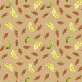 Hand drawn watercolor autumn oak seamless pattern. Brown, yellow, green oak leaves  seamless texture on light brown background Royalty Free Stock Photo