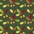 Hand drawn watercolor autumn oak seamless pattern. Colorful oak leaves and acorns on the branches seamless texture Royalty Free Stock Photo