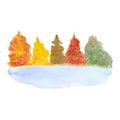 Hand drawn watercolor autumn trees near lake. Isolated on white background. Can be used for cards, banners, invitations, label and Royalty Free Stock Photo