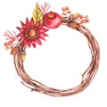Hand-drawn watercolor autumn wreath with different elements: flower, apple, berries and leaves