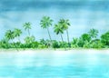 Watercolor landscape of tropical paradise with sea, beach, palms Royalty Free Stock Photo