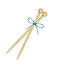 Hand drawn watercolor bamboo knitting needles tied with a bow