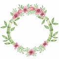 Hand drawn watercolor bamboo wreath with sakura flowers and leaves in round shape illustration.Bamboo wreath/frame for wedding,