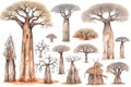 Hand-Drawn Watercolor Baobab Trees Collection: A Forest of Baobab Trees .