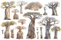 Hand-Drawn Watercolor Baobab Trees Collection: A Forest Pack.