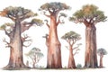 Hand-Drawn Watercolor Baobab Trees Collection: Forest Pack of Baobab Trees .