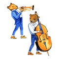 Hand-drawn watercolor bears musicants. Trumpet and double bass. Illustration on white.