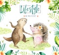 Hand drawn watercolor beaver and hedgehog dancing animals. Boho illustrations, jungle tree, brazil trendy art. Perfect