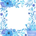 Hand drawn watercolor blue flowers and leaves in a busket boarder frame. Isolated on white. Can be used for cards, banners, album