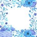 Hand drawn watercolor blue flowers and leaves in a busket boarder frame. Isolated on white. Can be used for cards, banners, album