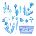 Hand drawn watercolor blue flowers and leavves set with a basket. Isolated on white. Can be used for cards, patterns, invitations