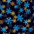 Hand drawn watercolor blue and golden Snowflakes seamless pattern.