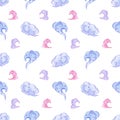 Hand drawn watercolor blue and pink oriental clouds isolated on white background. Can be used for textile, fabric, gift-wrapping