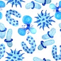 Hand drawn watercolor blue viruses and bacteria seamless pattern. Microscopic cell illness, virus, bacterium and Royalty Free Stock Photo