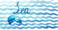 Hand drawn watercolor blue waves with seashells and lettering on white background. Royalty Free Stock Photo
