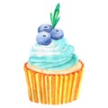Hand drawn watercolor blueberry muffin with mint colored cream and blueberries on top of it. Kids products, print