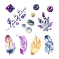 Hand drawn watercolor boho feathers with crystals. Watercolor crystals, pearls and gems, isolated illustration on white Royalty Free Stock Photo