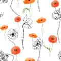 Hand drawn watercolor botanical illustration flowers leaves. Red poppy papaver, stems buds seedpods. Seamless pattern Royalty Free Stock Photo