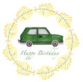 Hand drawn Watercolor Boys Car Collection Green Ren Yellow