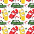 Hand drawn Watercolor Boys Car Collection Green Ren Yellow Seamless Pattern
