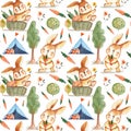 Hand drawn Watercolor Bunny on camping Seamless Pattern. Background wallpaper for fabric, paper and printing