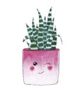 Hand drawn watercolor cactus in a pink flower pot