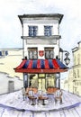 Hand drawn watercolor cafe