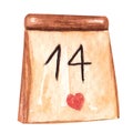 Hand drawn watercolor calendar with Valentine date. Watercolour illustration, symbol of holiday, romance, love for card