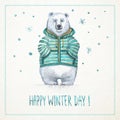 Hand-drawn watercolor card with funny polar bear