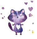 Hand drawn watercolor cartoon lilac cat with hearts and flowers