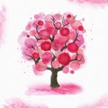 Hand drawn watercolor cartoon sakura tree consisting of circles.