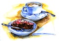 Hand drawn watercolor chocolate cake with berries and cup of coffee