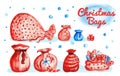 Watercolor Christmas Bags, Santa Bags, Red Sack Collection Royalty Free Stock Photo