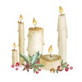 Hand drawn watercolor Christmas composition. Christmas decorations of candles, red berries, anise star and various elements of the