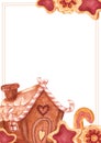 Hand drawn watercolor christmas gingerbread house and cookies postcard isolated on white background. Can be used for poster, Royalty Free Stock Photo