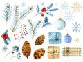 Hand-drawn watercolor Christmas illustration set. Blue spruce branches, candy, gift boxes, stars, snowflakes