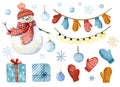 Hand-drawn watercolor Christmas illustration set. Snowman,lue mittens, candy, gift boxes, stars, snowflakes