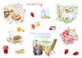 Hand drawn watercolor clipart set of summer picnic elements isolated on white background. Illustration of morning vibes, breakfast Royalty Free Stock Photo